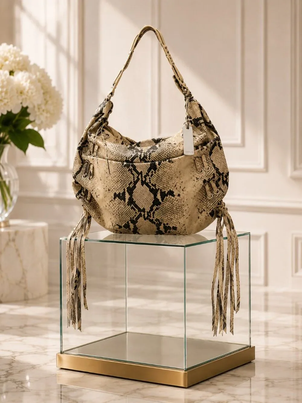 Botkier Python Embossed Leather Hobo Bag Ecru Black Silver Grommet Tassel
